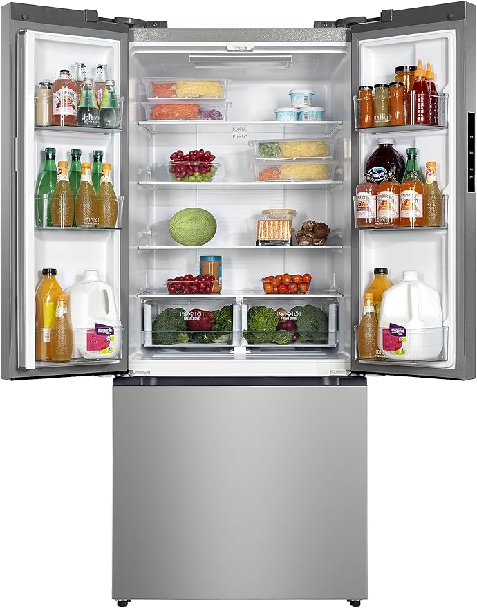 Hamilton Beach 16.6 cu ft French door refrigerator with a bottom freezer compartment, modern LED lighting, and a stylish design for energy-efficient cooling.