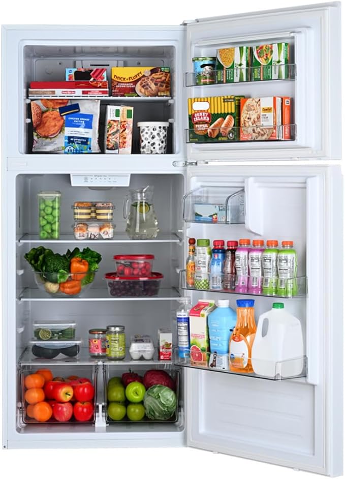 Kenmore 30-inch top freezer refrigerator featuring a quiet inverter compressor, adjustable glass shelving, and a classic white finish for a clean kitchen look.