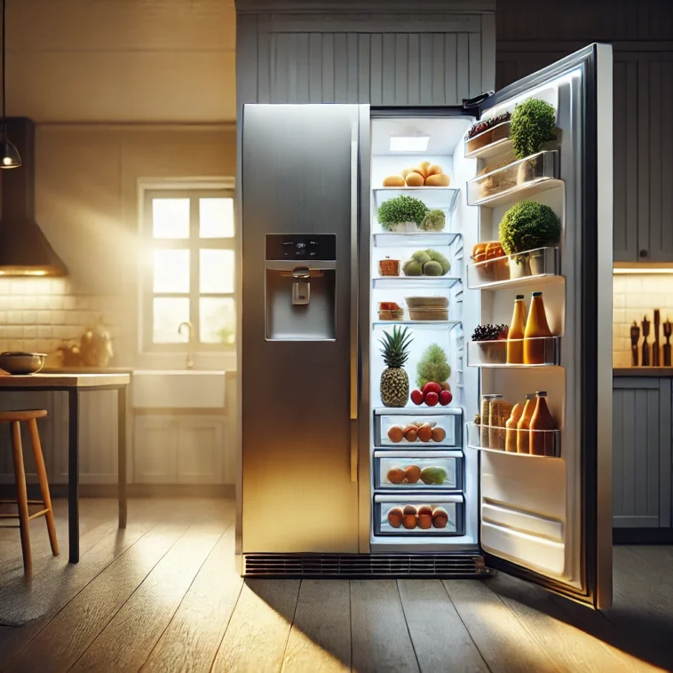 A modern energy-efficient refrigerator with a sleek stainless steel finish, open doors showcasing organized fresh food inside, set in a stylish kitchen environment.